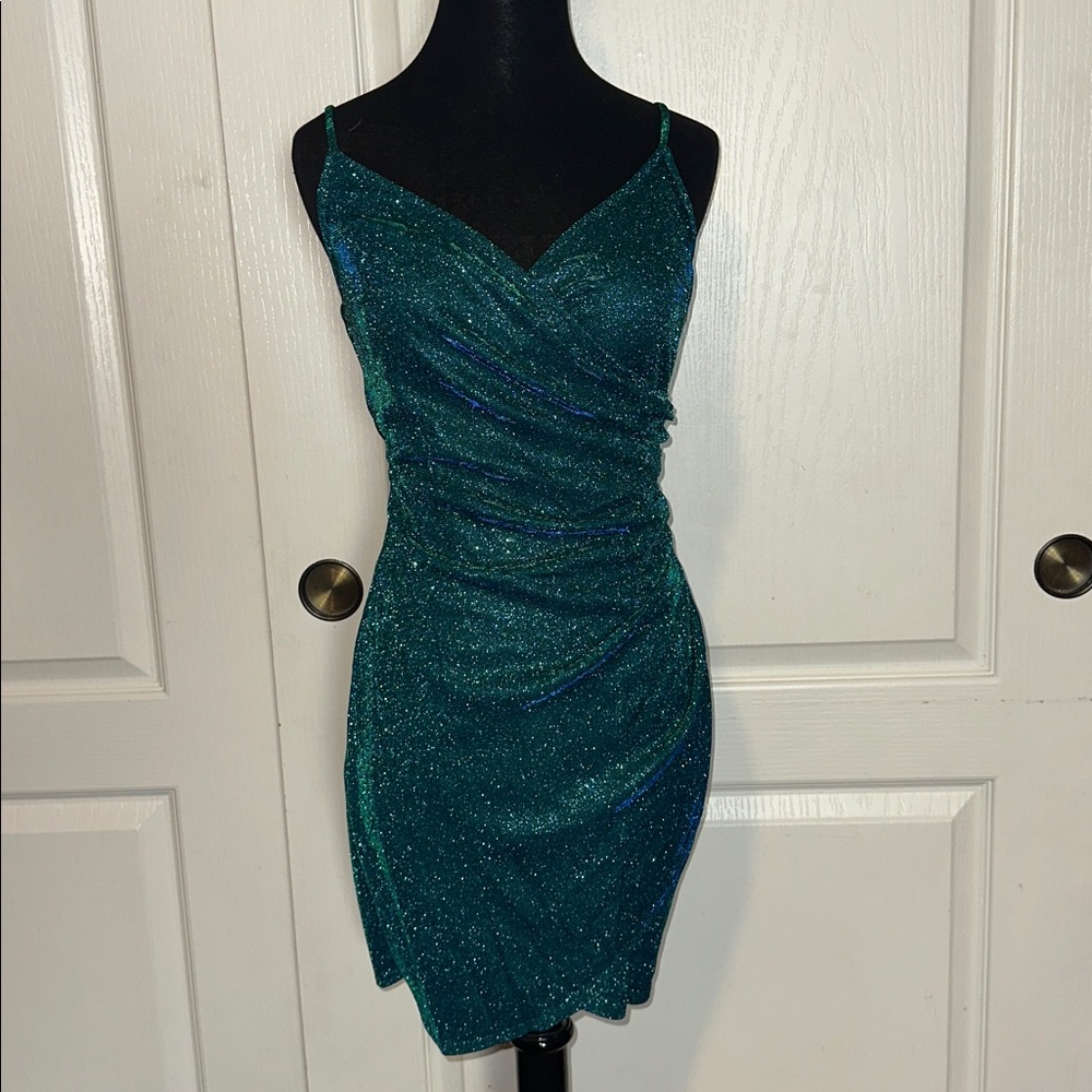 Y2K VTG BLUE GLITTER IRIDESCENT CAMI RUCHED WRAP DRESS